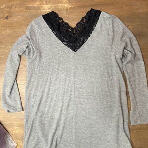 Gray Sweater with Black Lace V-Neck